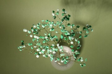 Beautiful gypsophila flowers in vase on green background, top view