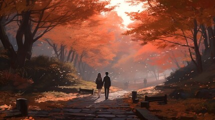 couple embraces in fall park, digital art illustration, Generative AI