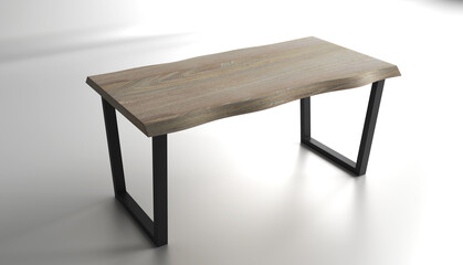 Wooden lacquered table with black metal legs on white background. Modern live edge elm slab coffee table with inner knot in bizarre pattern shape and tree table.