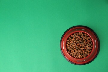 Dry pet food in feeding bowl on green background, top view. Space for text