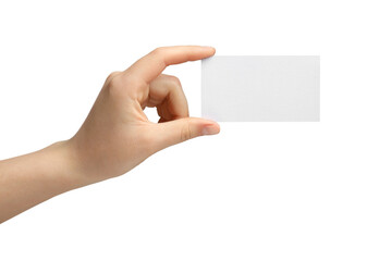 Obraz premium Woman holding blank gift card on white background, closeup