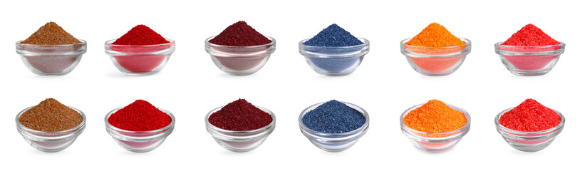Collage of different powdered food coloring in bowls isolated on white