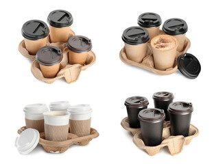 Takeaway paper cups with coffee in cardboard holders isolated on white, different sides. Collage design