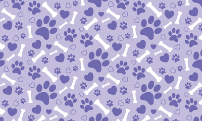 Seamless pattern with dog paw print, bone and hearts symbols