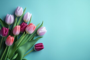 Colorful tulip flower copy space in plain pastel color background ai generated