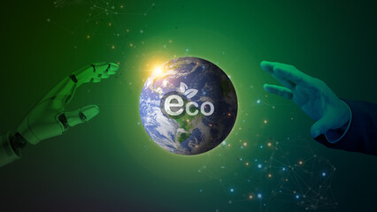 Robot and human hand show global with ECO icon, protecting environmental world with AI technology machine learning research preservation nature of life, Artificial Intelligence and ecology concept.