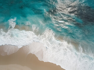 Beautiful beach, waves with white foams on flat sand. Top down aerial view. Generative AI