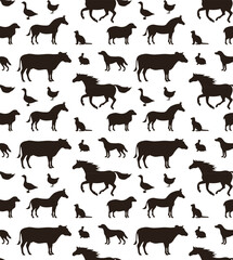 Vector seamless pattern of flat hand drawn domestic animals silhouette isolated on white background