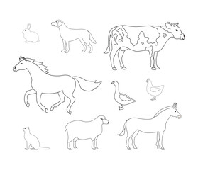 Vector set of flat hand drawn outline domestic animals isolated on white background