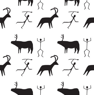 Vector seamless pattern of ancient rock paintings isolated on white background