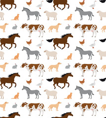 Vector seamless pattern of flat hand drawn domestic animals isolated on white background