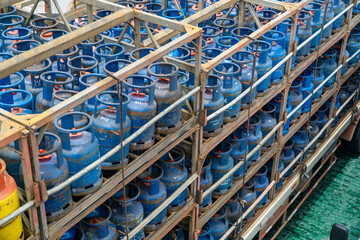 Close up of LPG gas tanks for home use and transported by lorry to local supplier.