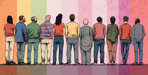 Obraz premium group of young people ilustration Gen Z generation, on colorful striped background, generative ai illustration