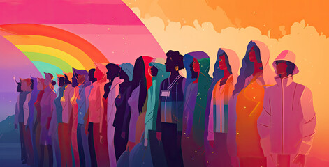 row of yound people, colorful ilustration, ilustrating Generation Z Gen-Z generation, generative ai 