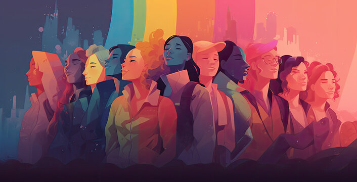 group of young people ilustration Gen Z generation, on colorful striped background, generative ai illustration