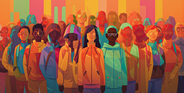 group of young people ilustration Gen Z generation, on colorful striped background, generative ai illustration