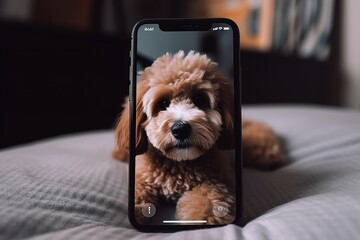Close-up, hand holding smartphone with dog on screen in modern cozy interior in background . Generative ai