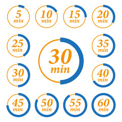 Minute timer icons set. Icons for one minute, five, ten, fifteen or more minutes. The arrow indicates the limited cooking time or deadline for an event or task. Vector illustration. 