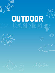 爽やかな青空背景に白線画のキャンプイラスト。ベクター素材テンプレート。