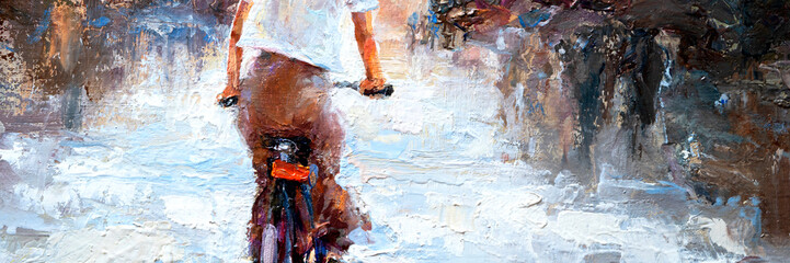 A girl in a white dress rides a bicycle. Woman on a brown background. Oil painting on canvas.