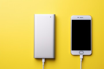 smartphone turned off connected to a portable charger isolated on a yellow colored background