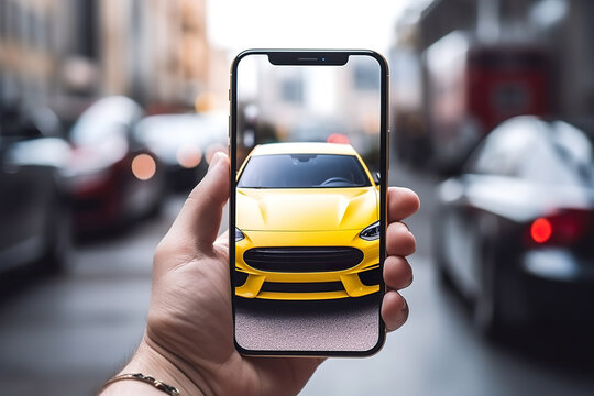 Close-up, hand holding smartphone with EV car on screen with moder ncar on background . Generative ai