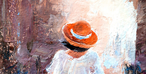 A girl in a white dress rides a bicycle. Woman on a brown background. Oil painting on canvas.