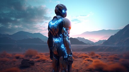 glowing futuristic man in field, digital art illustration, Generative AI