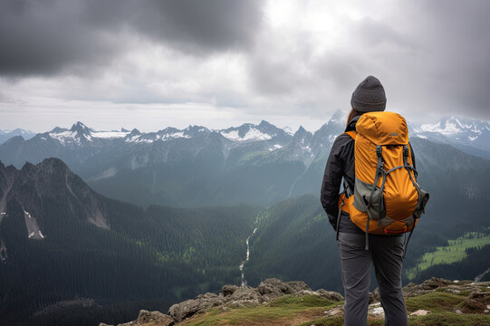Rear view of female hiker with backpack looking out over a scenic view created with Generative AI technology