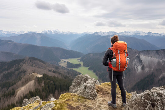 Rear view of female hiker with backpack looking out over a scenic view created with Generative AI technology