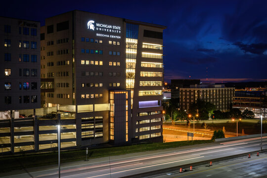 Grand Rapids, Michigan, August 30, 2020: Evening view of Secchia Center, home of the Michigan State University's College of Human Medicine.