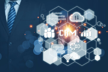 CRM, Customer relationship management concept. Businessman touching the virtual screen on business marketing internet online. Satisfaction, communication by internet online.