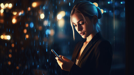 Woman look at smart phone in city at night