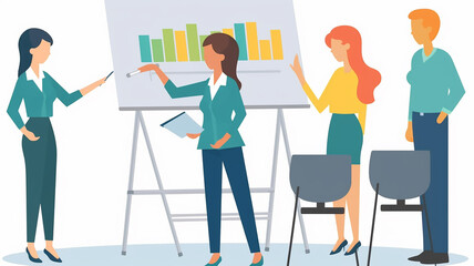 Fototapeta premium Teamwork or team building, office business meeting illustration. Conference and brainstorming, annual report and statistics graphics, discussion and planning in flat style. Created with Generative AI.