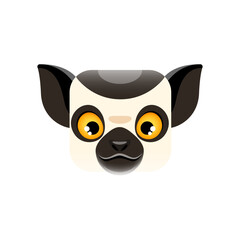 Fototapeta premium Cartoon lemur kawaii square animal face. Isolated vector Madagascar jungle character muzzle with big yellow eyes, funny exotic lemur portrait. App button, icon, graphic design element