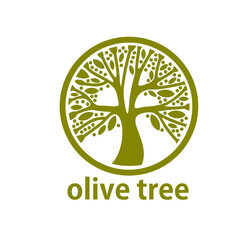 Olive tree icon for olive oil label, green plant leaf for organic food, vector symbol. Olive tree silhouette in circle, extra virgin oil sign, natural eco vegetables, olive tree garden and nature park