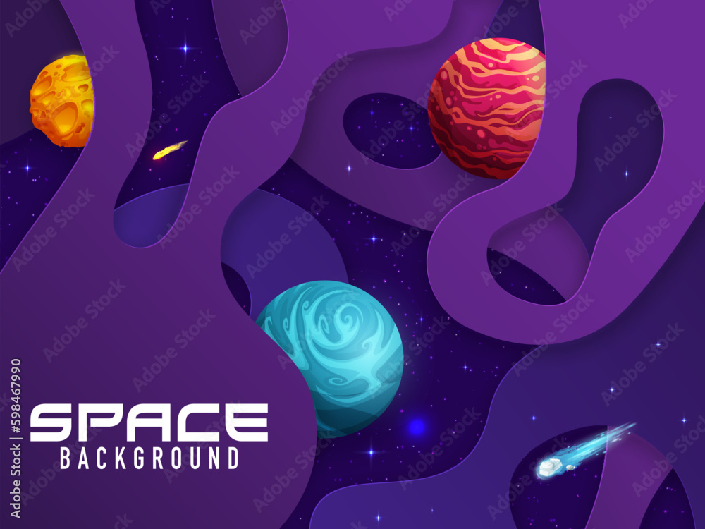 Poster space paper cut landscape with stars, planets and comets. cartoon galaxy vector background with 3d p