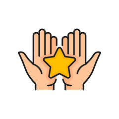 Gold star in hands icon, vector quality rating. Customer satisfaction review and client feedback of product or service quality level color line symbol with isolated golden rank star and arms