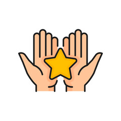 Gold star in hands icon, vector quality rating. Customer satisfaction review and client feedback of product or service quality level color line symbol with isolated golden rank star and arms