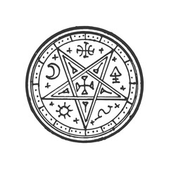Esoteric amulet, mandala, magic talisman isolated circle with pentagram. Vector vintage mystic alchemy, witchcraft or wizard, occultism sign