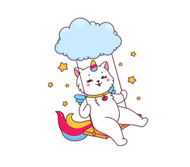 Cartoon cute caticorn riding on a swing. Unicorn cat character, vector kitty animal with rainbow tail, horn and heart collar. Kawaii caticorn personage swinging on cloud with falling stars