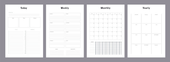 4 set of Yearly Monthly Weekly Today planner. Minimalist planner template set. Vector illustration.	 