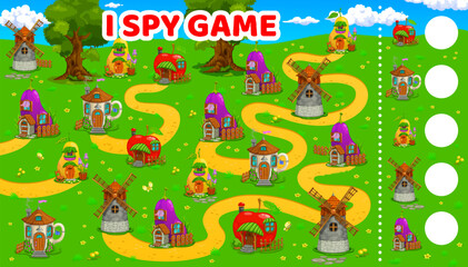 I spy game, cartoon fairytale house buildings, kids quiz vector worksheet. Tabletop puzzle game with fairy tale house of fairy gnomes in apple, teapot or mill and pear to find and match home huts