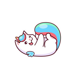 Cartoon cute kawaii caticorn character playing with tail. Vector playful naughty unicorn cat lying on back has fun touching colorful rainbow tail with paw. White funny magic kitty, fairy tale kitten