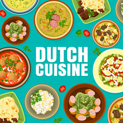 Dutch cuisine cover page template. Pea soup Snert, potato salad and Stamppot with Rookworst, broccoli cream soup, tomato meatball soup and Sudderlapjes, salmon salad Zalmsalade, green soup with herbs