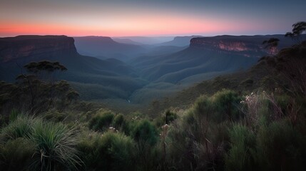 Fototapeta na wymiar The Blue Hour in the Blue Mountains: Unveiling the Tranquil Beauty of Dusk