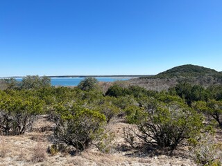 A view of Stillhouse Hollow Lake from th top of a hill, located at the Dana Peak hike and bike...