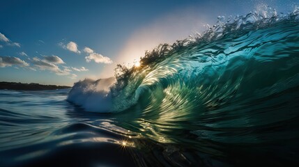Sunlit ocean wave, evoking memories of vacations, beach, and summer, generative ai