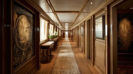 Interior view of a luxurious ship or cruise ship hallway, with a view of the sea, generative ai