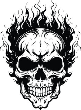 Skull on Fire, burning skull tattoo, Logo template, black and white vector illustration isolated on white background
